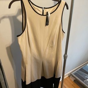 Kenzie tan and black pleated dress, great for the office